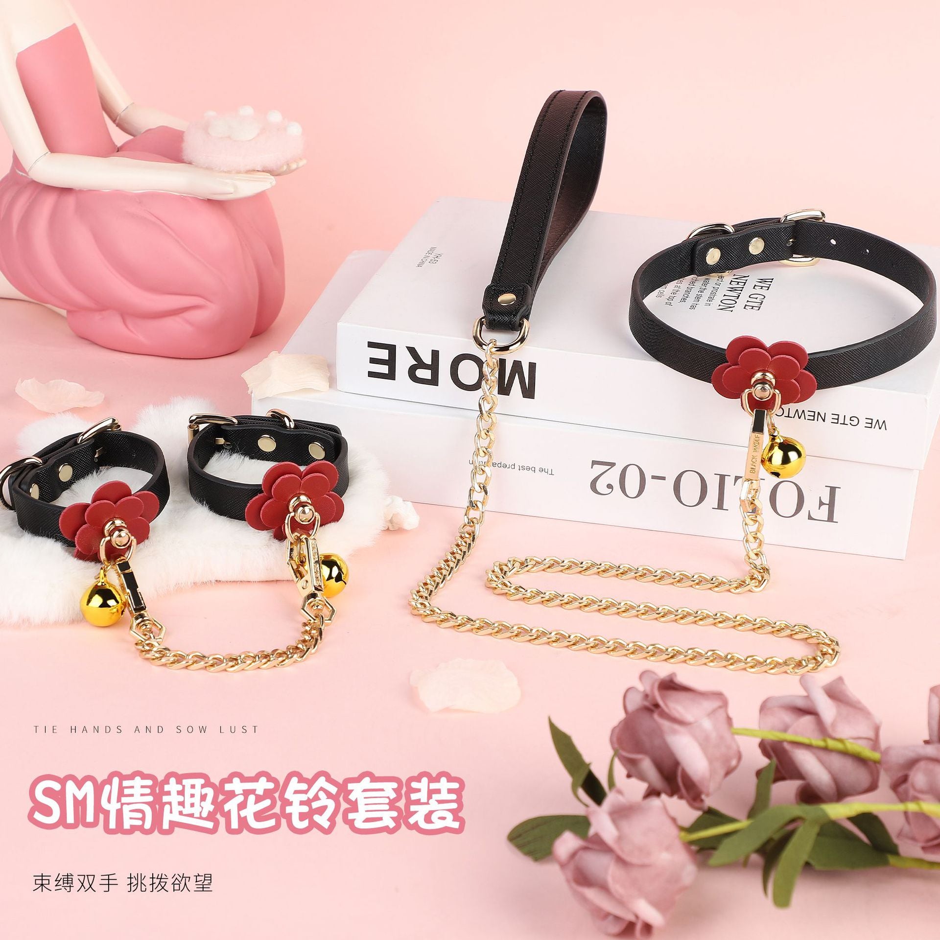 SM genuine leather T-shaped binding training and restraining handcuffs color: black, black and red